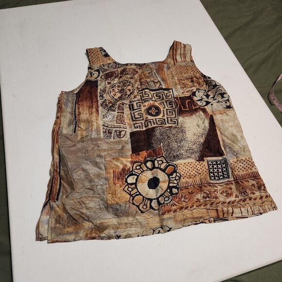 Vintage 80s 90s Stunt 100%  Silk Tank Top Blouse sz M/L brown earth tone ethnic - Picture 8 of 13